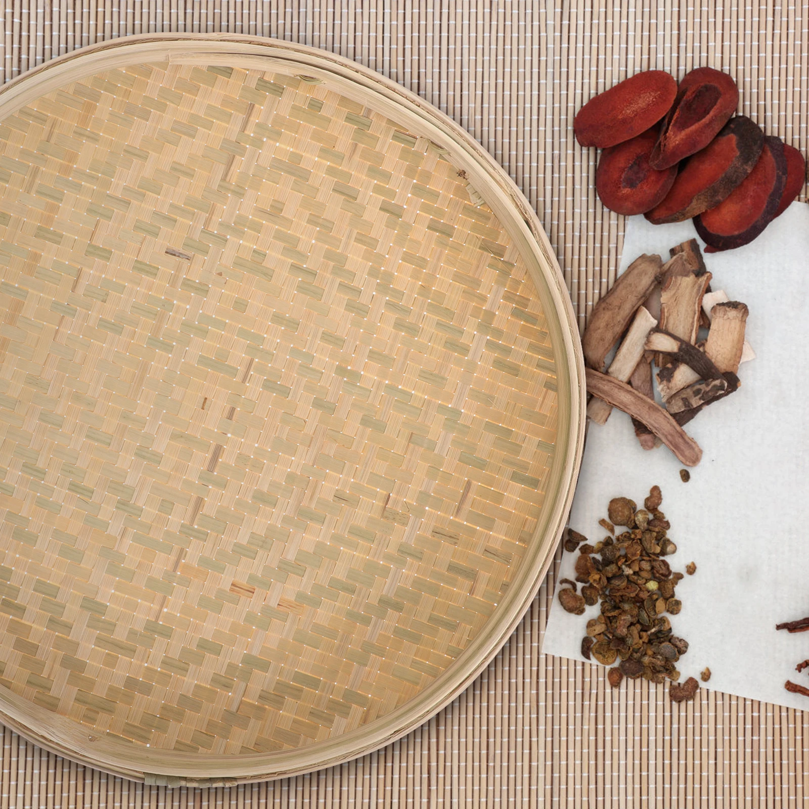 

Bamboo Woven Basket Tray Round Shallow Pastry Plate for Eating Snack Storage Flat Drying Net Vegetable Container Bamboo Sieve