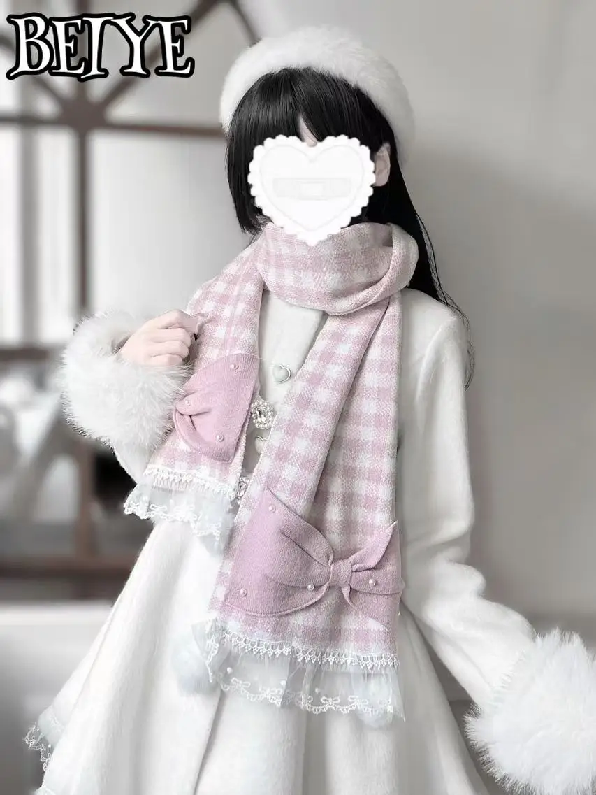 Scarf Original Japanese Mine Series Mass-produced Pearl Bow Hairball Scarf Female Sweet Pink Lolita Plaid Scarf Autumn Winter