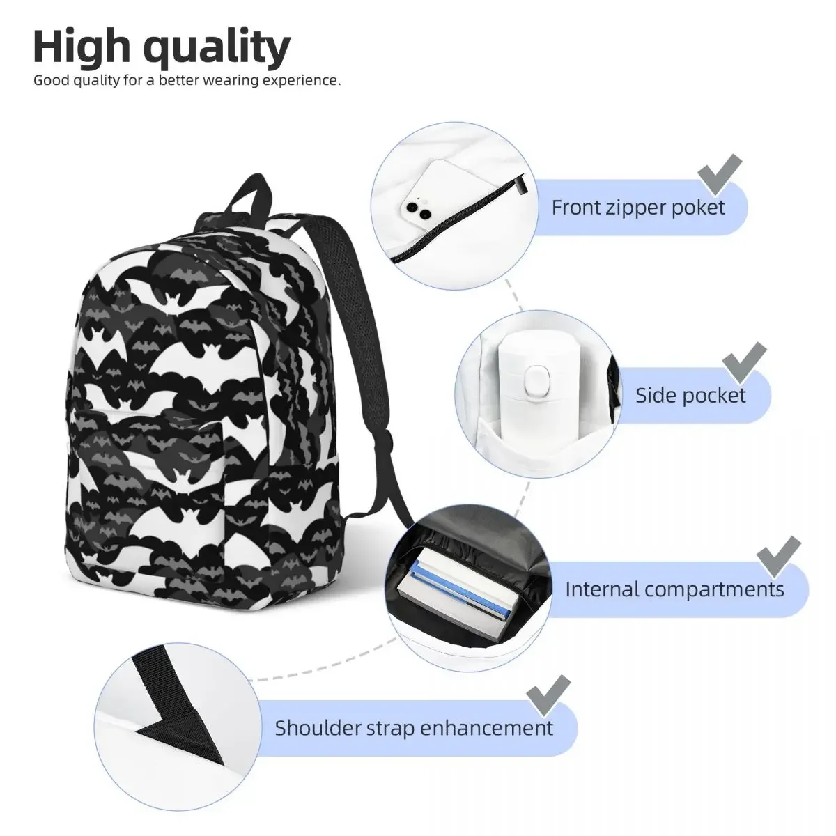 Mochila informal con estampado de murciélago para hombre y mujer, bolsa de lona con estampado de murciélago volador, Animal de trabajo para estudiantes, para ordenador portátil y de noche