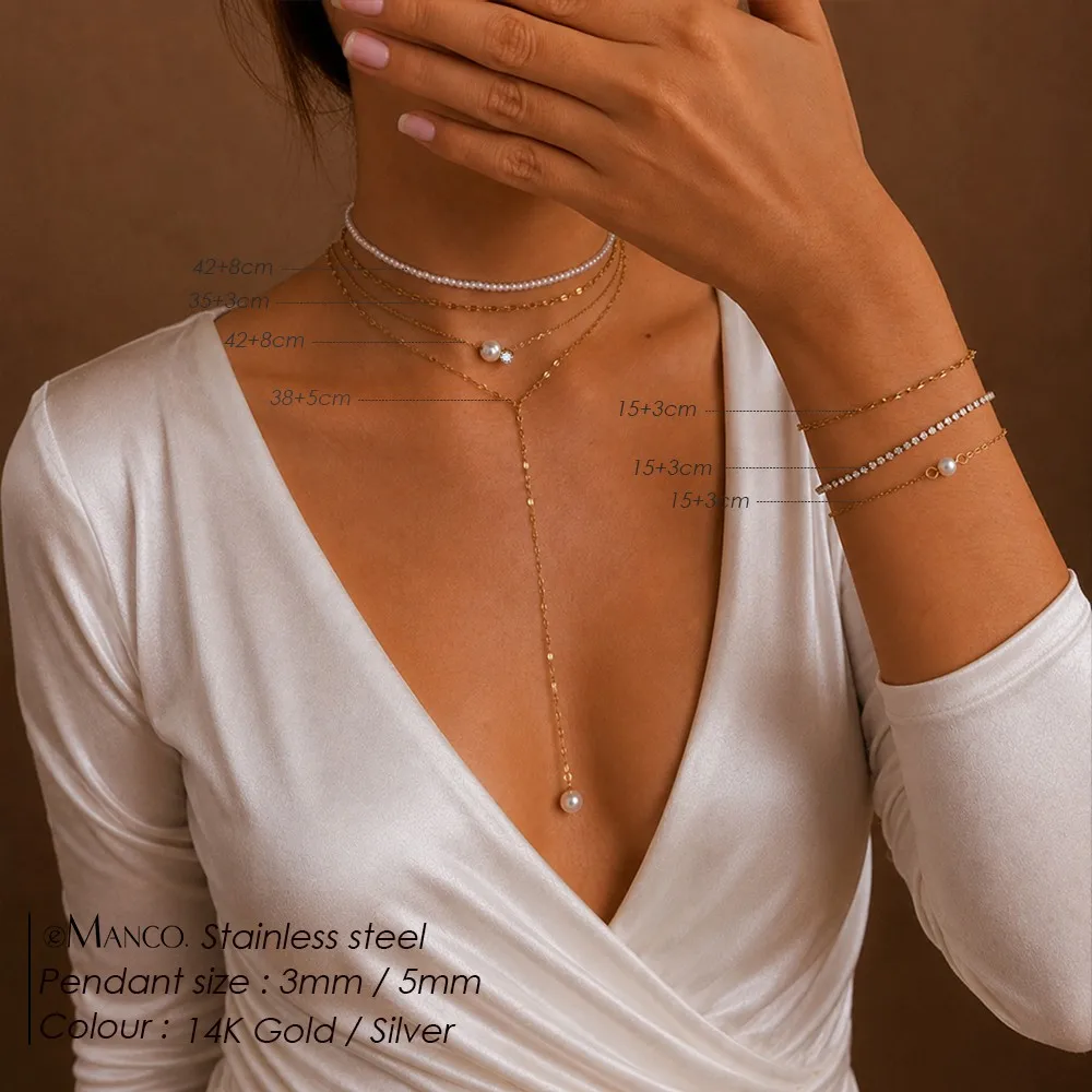 EMANCO Minimalist Style Stainless Steel Multi Layer Y-Shaped Lariat Necklace Gold Color Imitation Pearl Choker Jewelry For Women