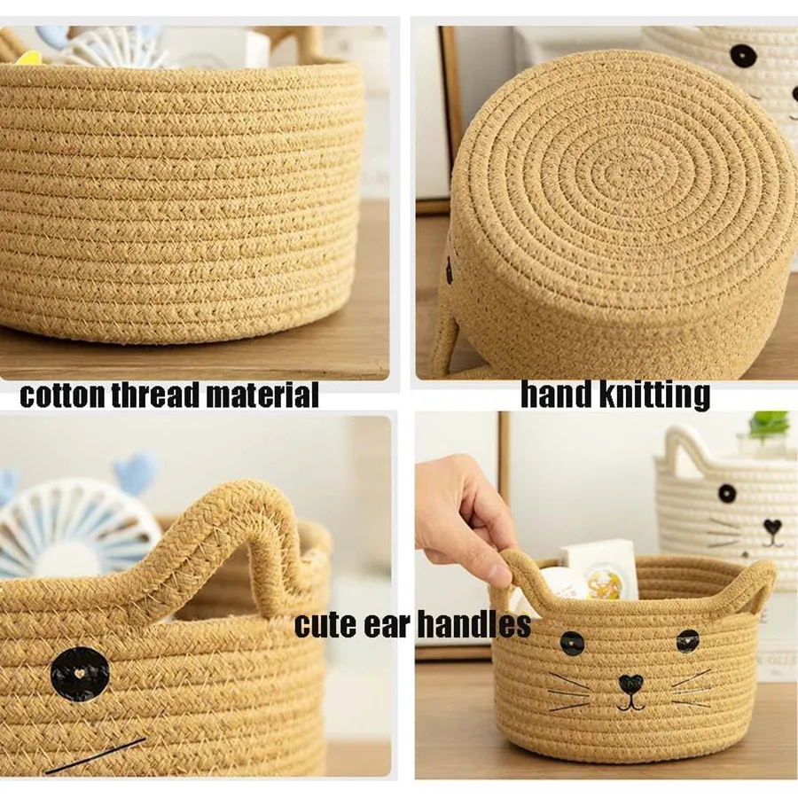 Cat Cotton Rope Woven Desktop Storage Basket Egg Bunny Baskets For Kids With Cute Ears Decorative Toys Sundires Cosmetics Holder