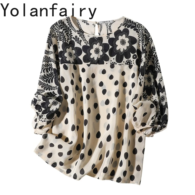 YOLANFAIRY 100% Real Mulberry Silk T Shirts for Woman Summer High-end Loose Tee Shirt Femme Bat Sleeve Womens Top Ropa De Mujer