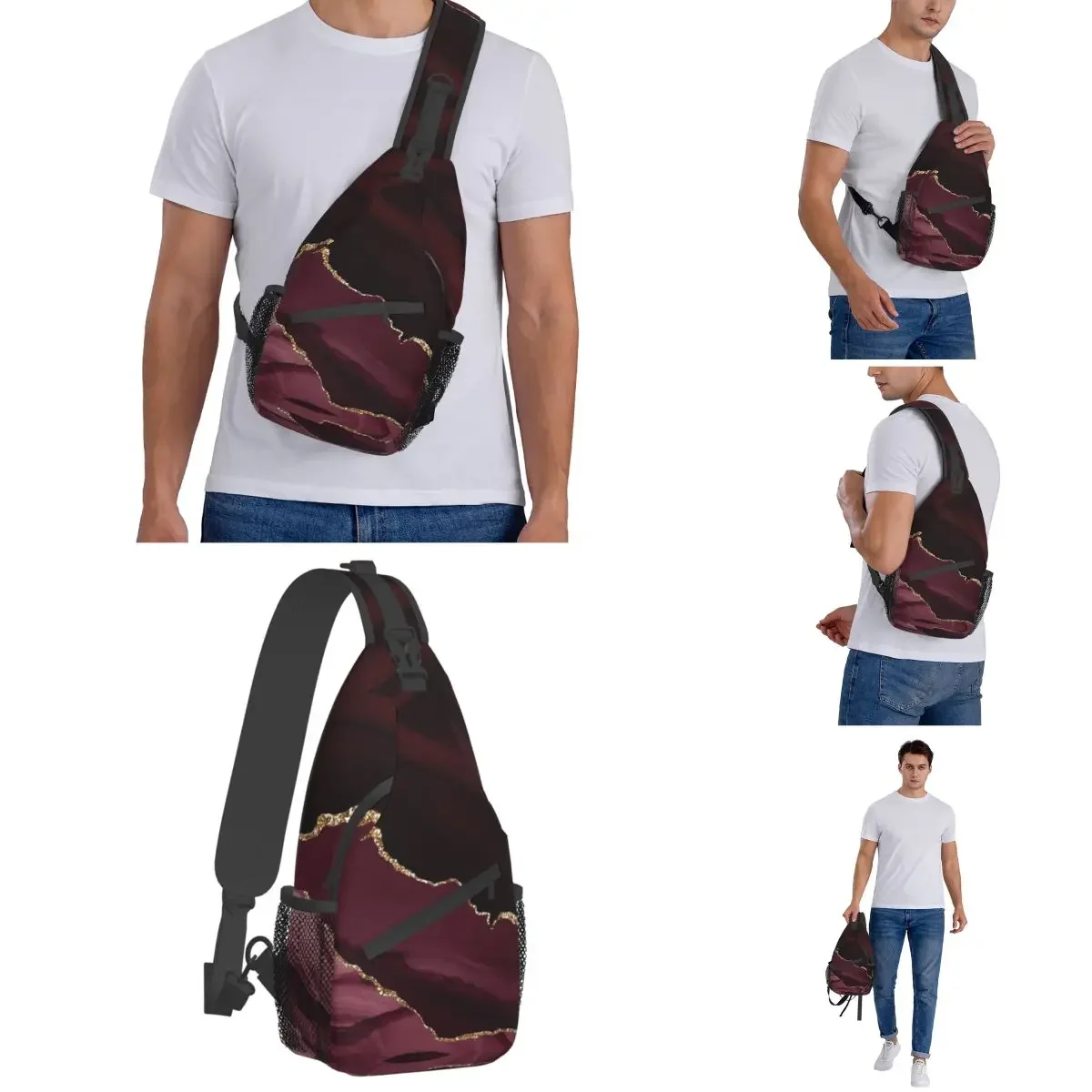 Burgundy Gold Agate Crossbody Sling Bag for Men Women Chest Bag Texture Shoulder Backpack Daypack for Travel Hiking Cycling Bag