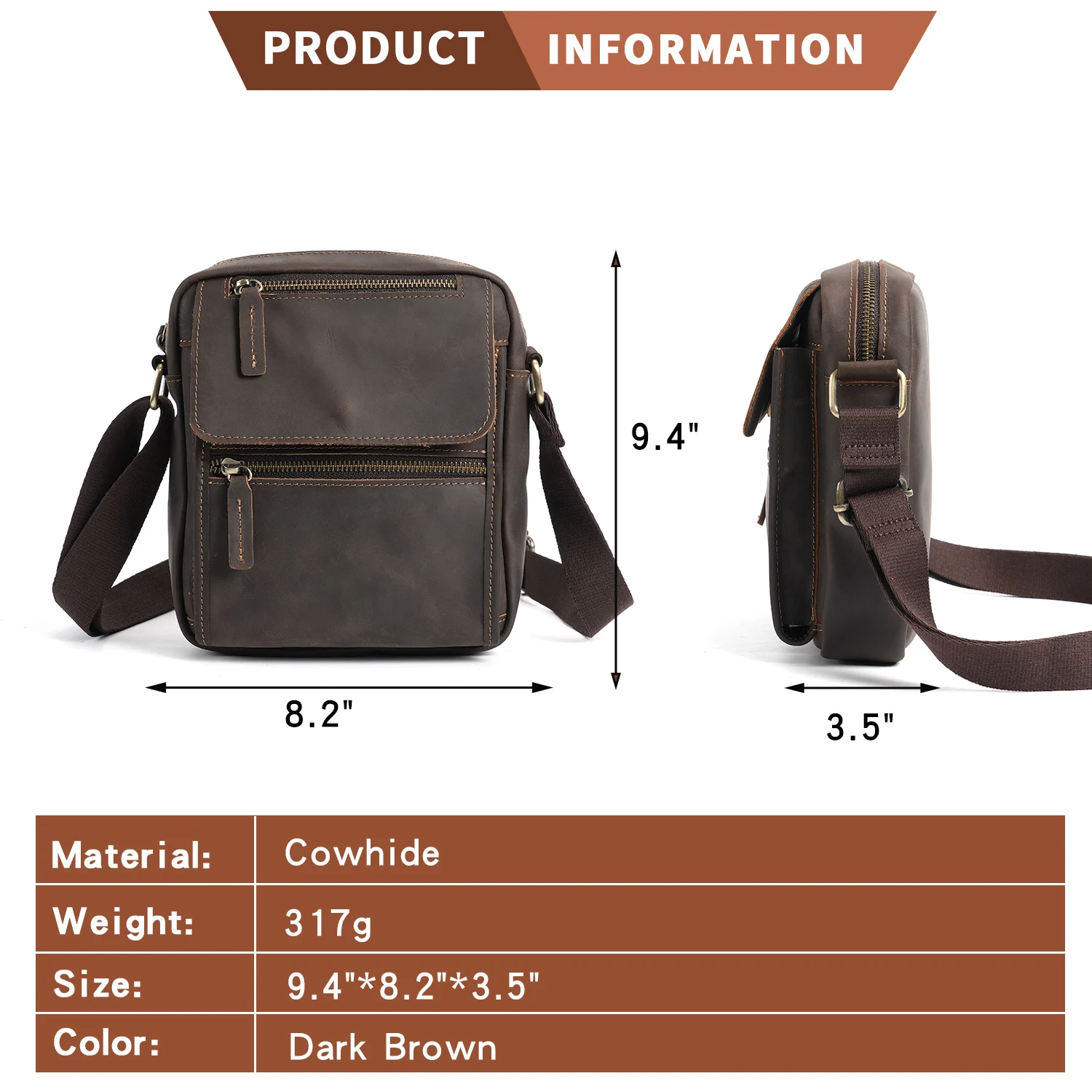 YATBEST Men's Crossbody Bag Large Capacity Multi Pocket Leather Single Shoulder Crossbody Bag Commuter Retro Travel Bag