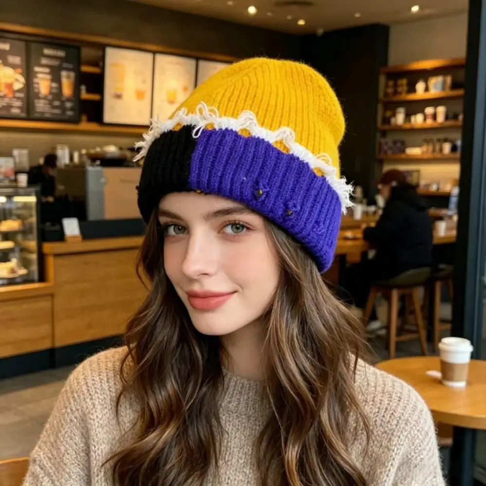 High Elasticity Patchwork Knit Beanie Patchwork Style Hole Design Warm Knitted Hat Cold Weather Resistant Ear-Protecting Hat