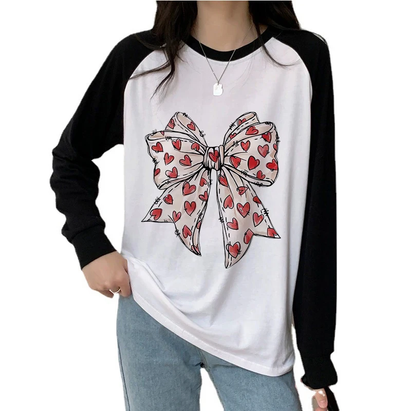Grafik lässig Rundhals Langarm T-Shirt 90er Jahre Y2k T-Shirts Tops Damen Valentinstag Herz Schleife Print T-Shirt Kleidung