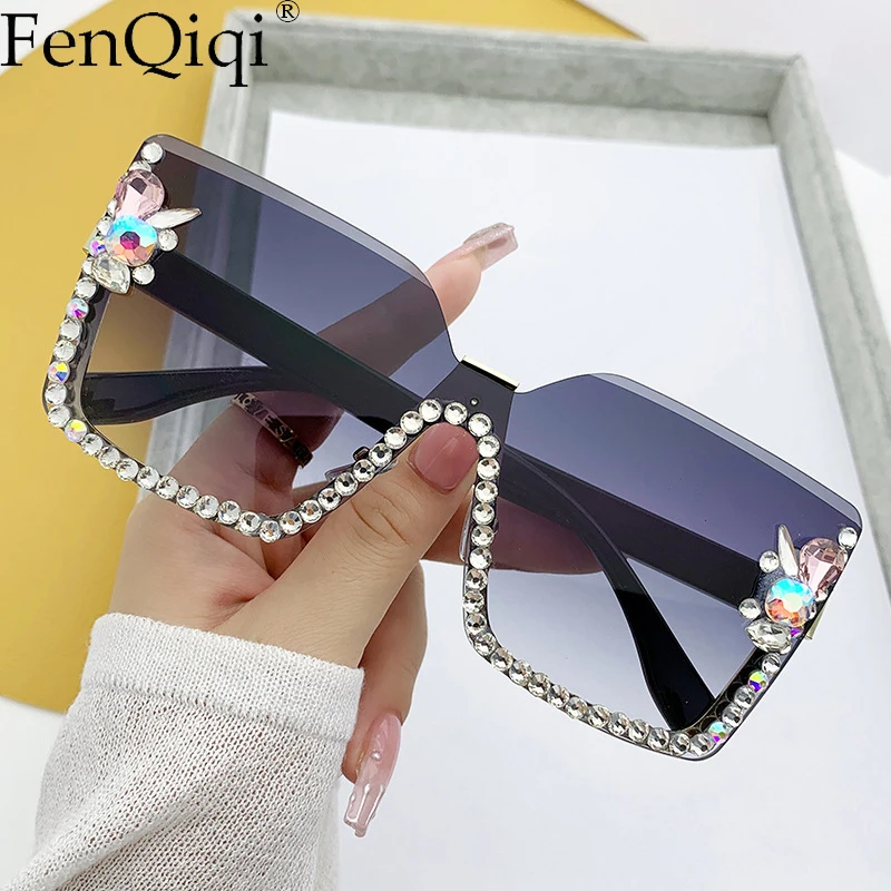 Rimless Square Diamond Eye Wear Goggles Oversized One-Pieces Sun Glasses Eye Protection Siamese Luxury Rhinestone Lentes De ol