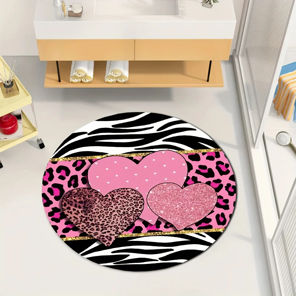 Hearts Leopard Zebra Round Rug Flannel Pink Gold Glitter Animal Print Girls Room Dorm Decor Non Slip Trendy Floor Mat Valentine
