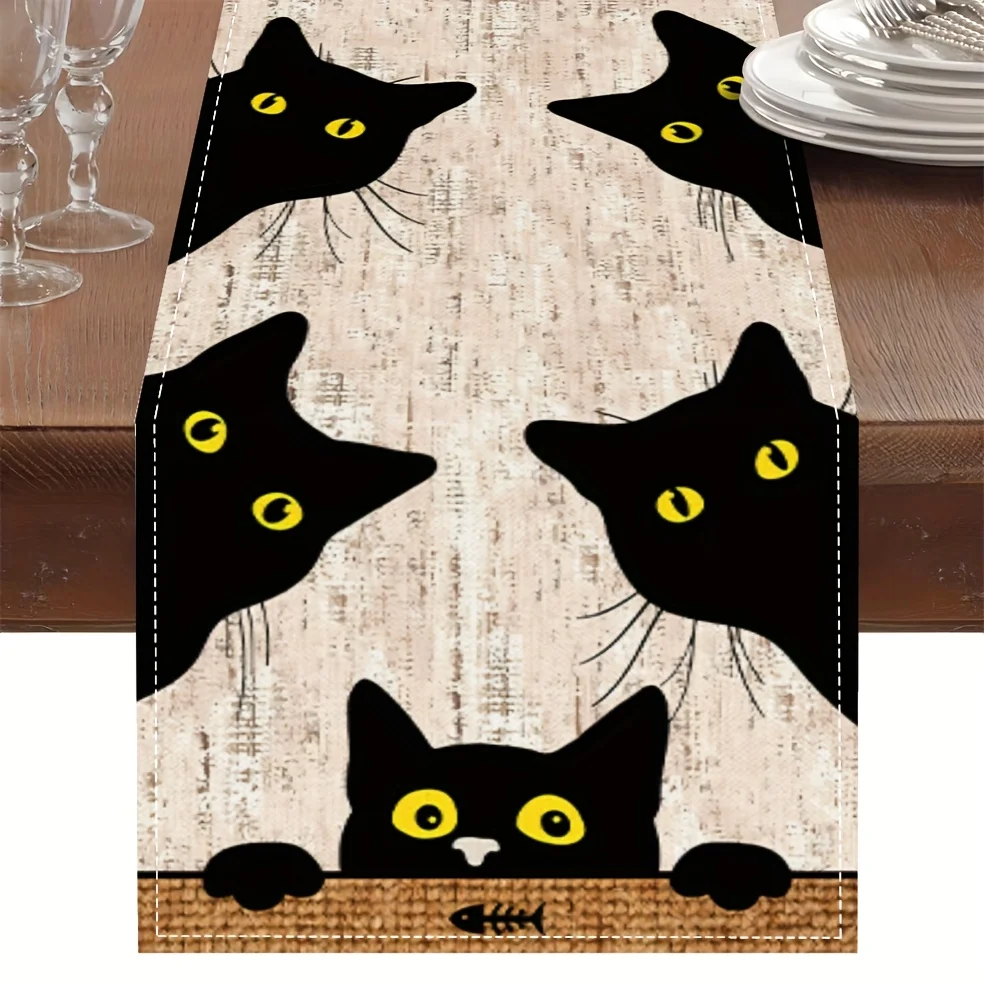 Skurrile schwarze Katze mit gelben Augen, Tischläufer aus Leinen – rechteckiges, verspieltes Fischdesign, Thanksgiving-Weihnachts-Essdekoration