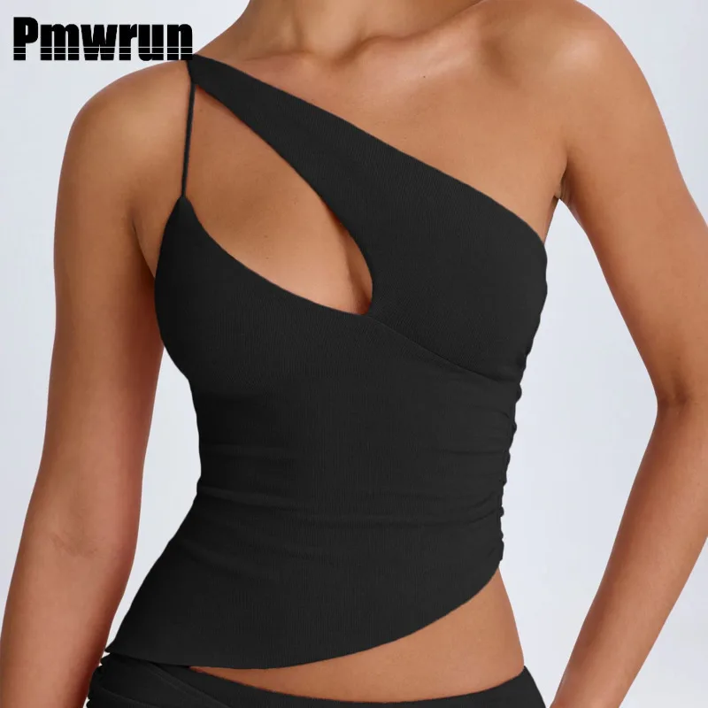 

PMWRUN Женская майка для йоги с асимметричным вырезом, эластичная, облегающая, дышащая, быстросохнущая, для сеансов в тренажерном зале и йоге