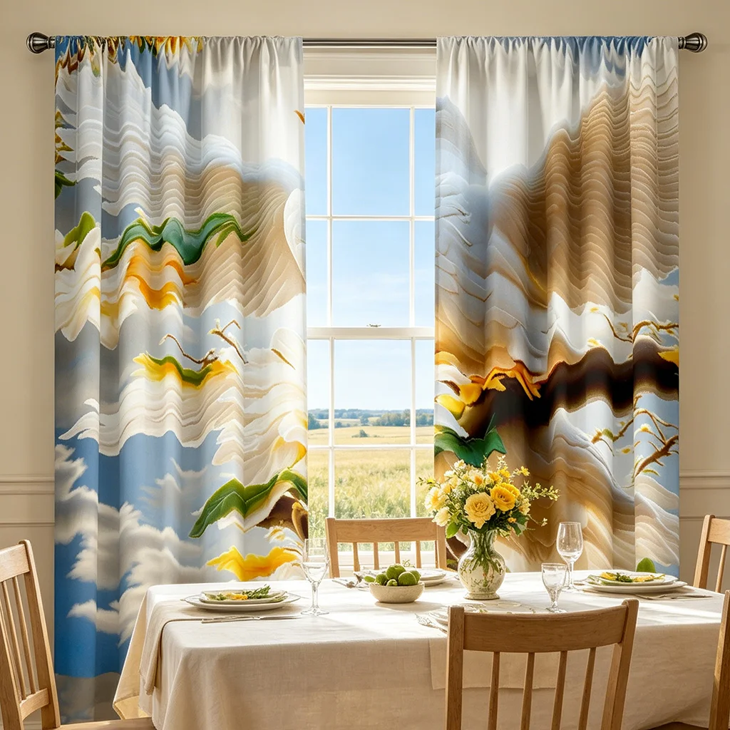 2PCS Curtains, Multi-color, Abstract Watercolor Mountain Landscape Pattern, for Bedroom, Living Room, Rod Pocket Style