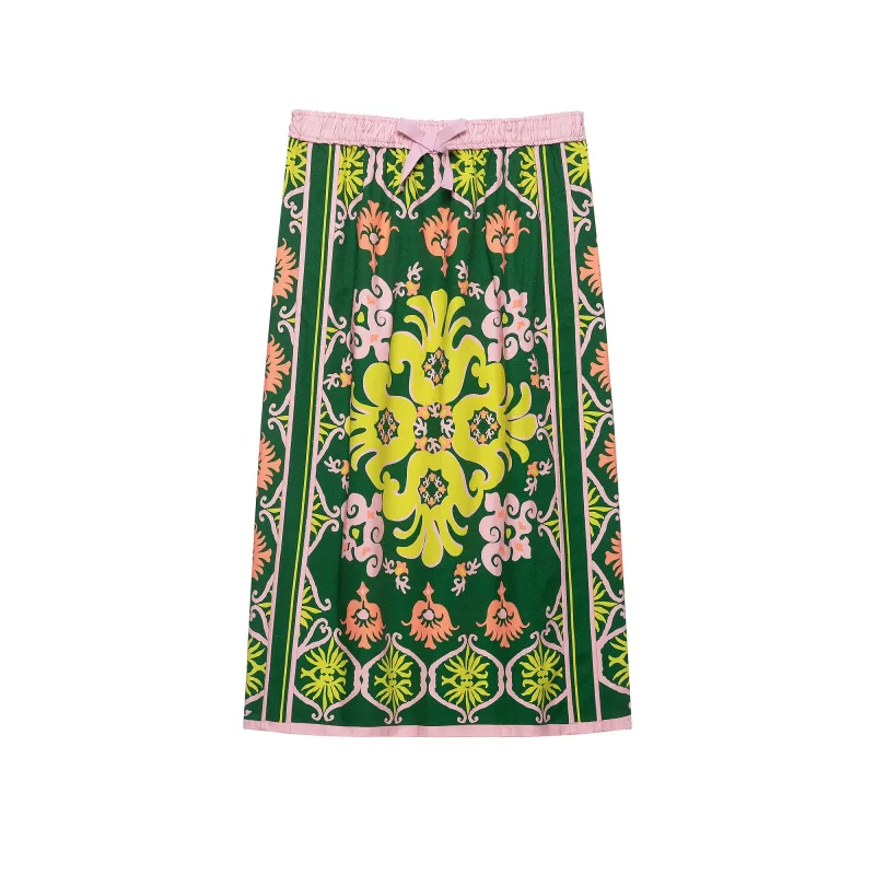2026 New Arrival Women Bohemian Midi Skirt Retro Floral Print Elastic Waist Bow Decor Mid‑Calf Skirt Casual Holiday Streetwear