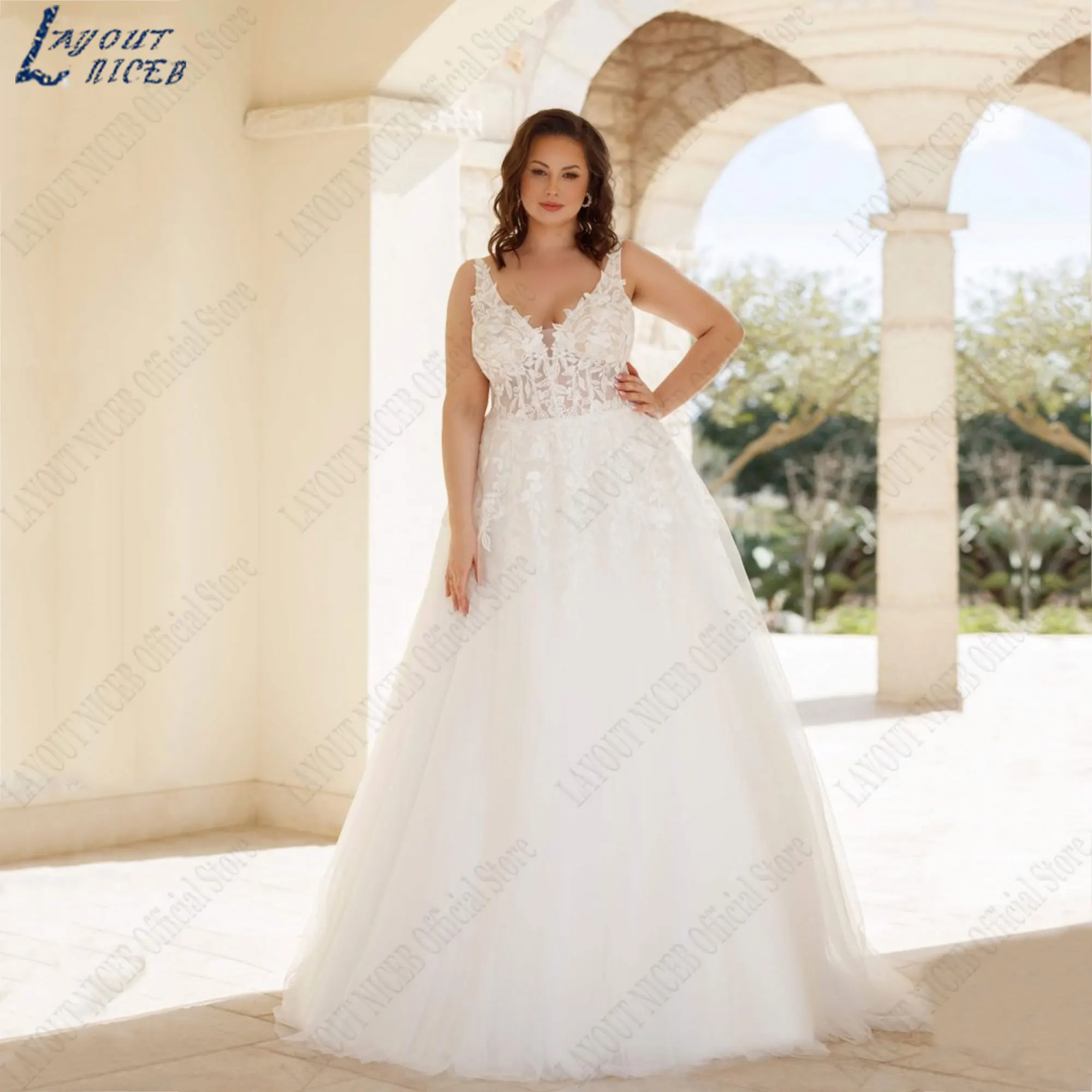 NICEB-vestidos de novia sin mangas con cuello en V, traje de novia con tirantes finos, apliques de encaje, tul, talla grandeDiseño niceb tamaño extra a vestido de novia sin mangas en V cuello vestido de novia pasta con