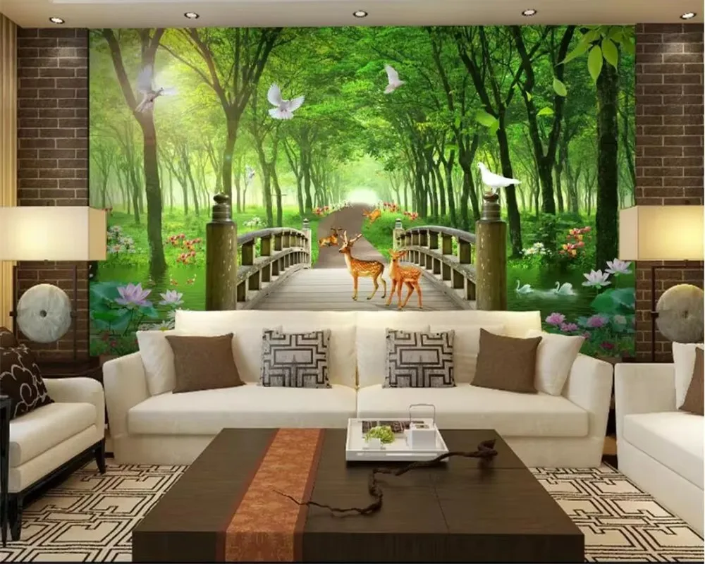 

Custom wallpaper Green big tree forest wooden bridge deer TV background wall living room bedroom mural 3d wallpaper papel tapiz