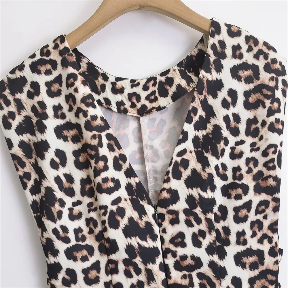 PB&ZA 2024 summer new women's fashion temperament leopard print round neck slim sleeveless slim dress