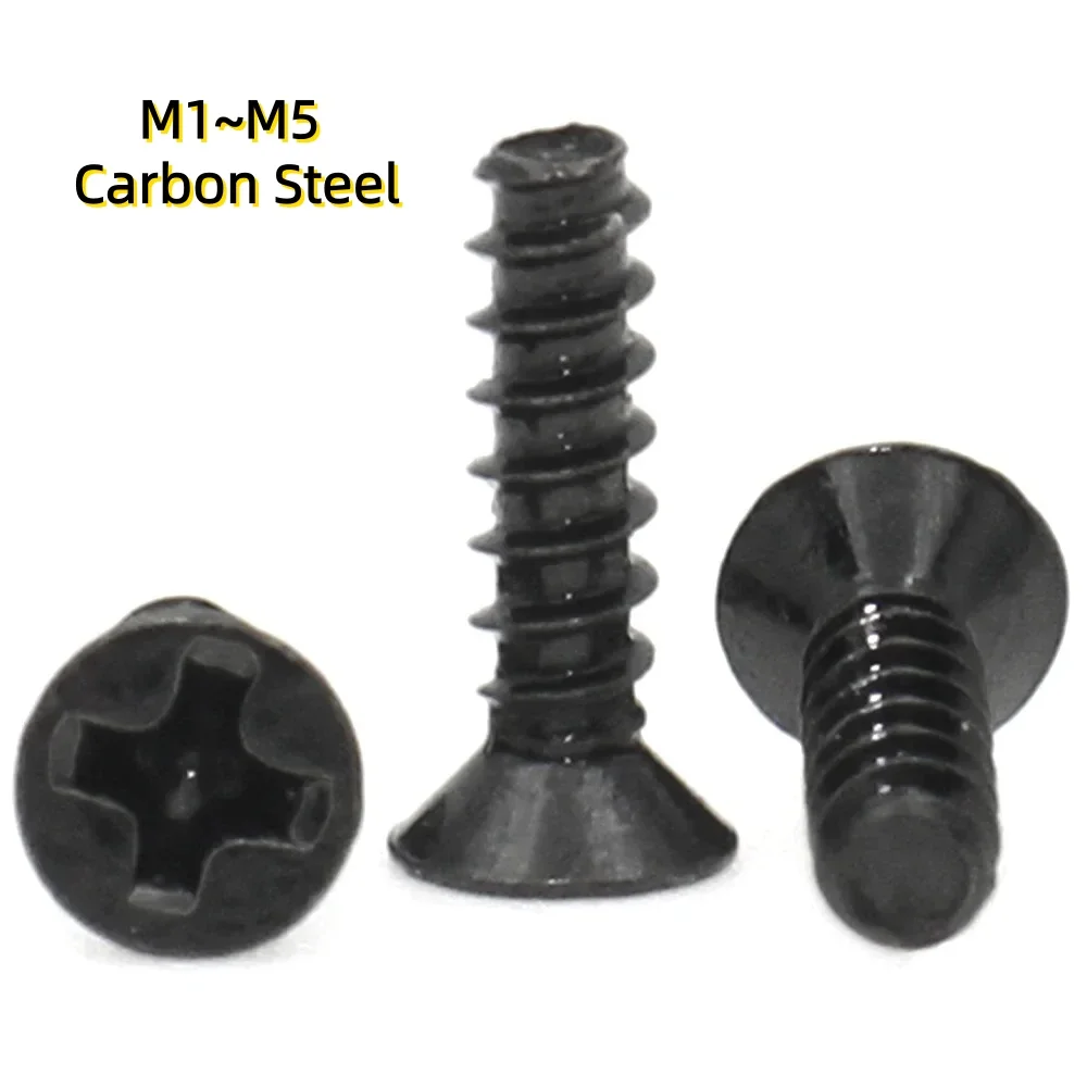 100pcs M1~M5 Black Carbon Steel Mini Screw Cross Recessed Countersunk Head Self-tapping Screw