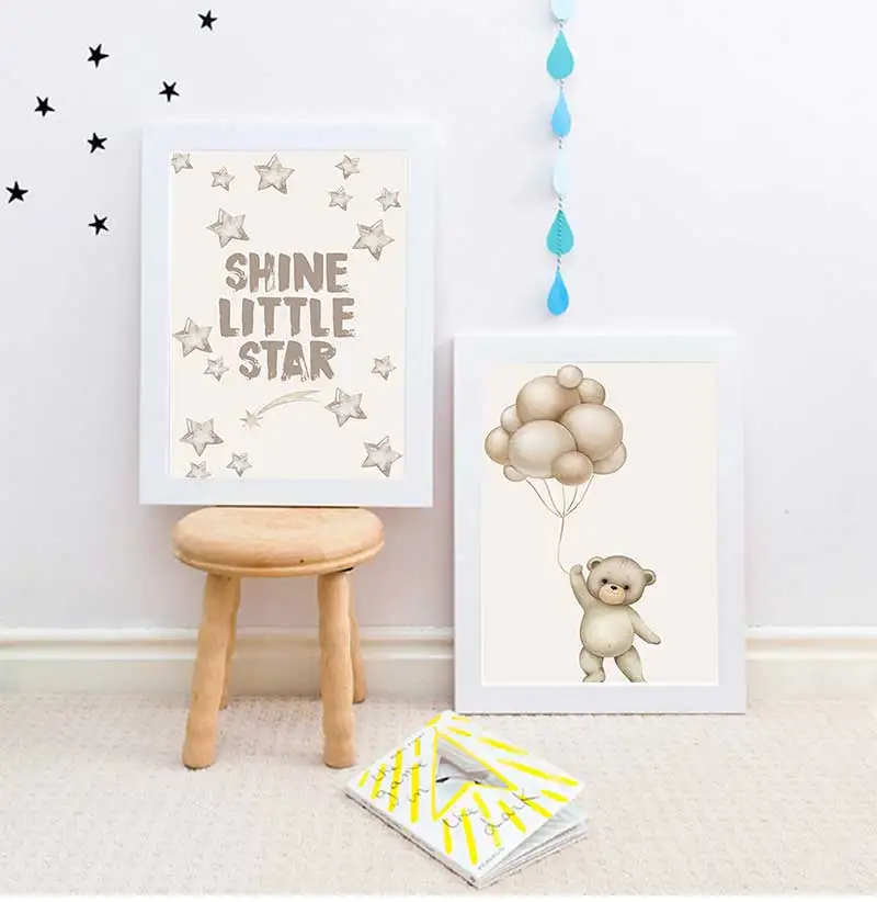 

Hot Air Balloon Bear Cartoon Poster Stars Quote Canvas Painting Nursery Art Print Nordic Wall Picture Kids Living Bedroom Decor