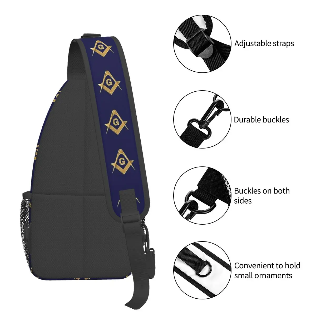 Freemason Gold Blue Square Crossbody Sling Bag Casual Peito Bag Mochila de Ombro Maçônico para Caminhadas Viagem Ciclismo