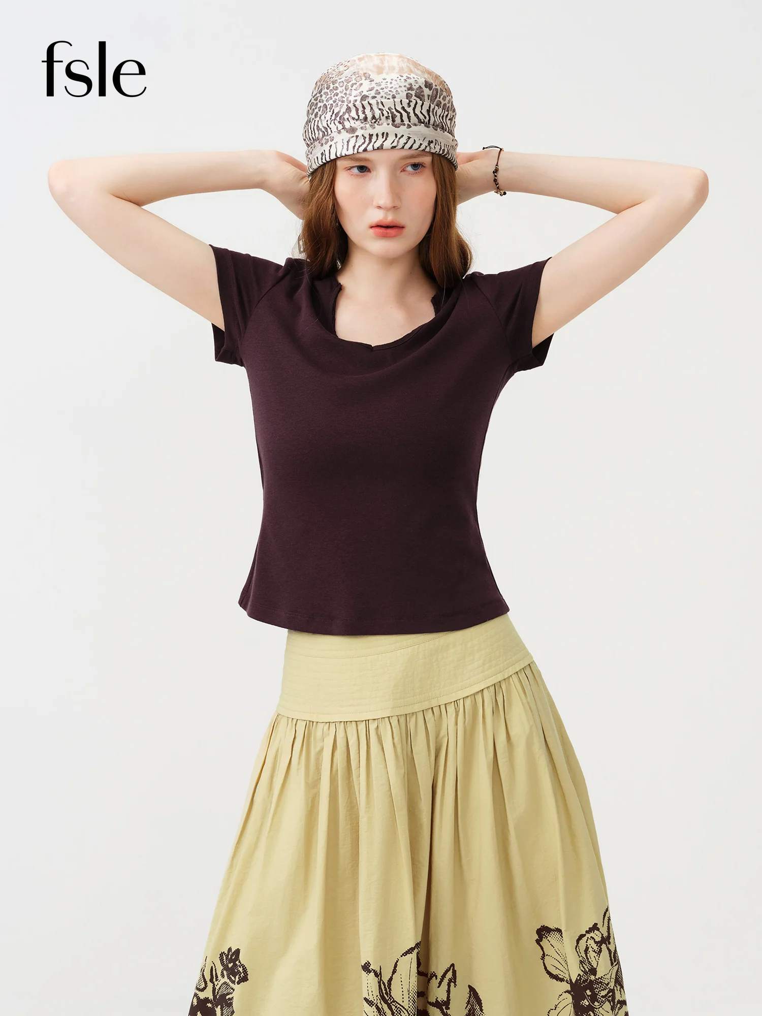 FSLE Women's 2026 Summer New Arrival Heart Neck Short Sleeve T-shirt Lyocell Fiber Cotton Contain Slimming Basic Casual Top