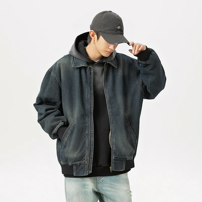 

Vintage distressed washed trendy denim jacket. 2025 spring new style. Functional loose-fit flight uniform-style coat.