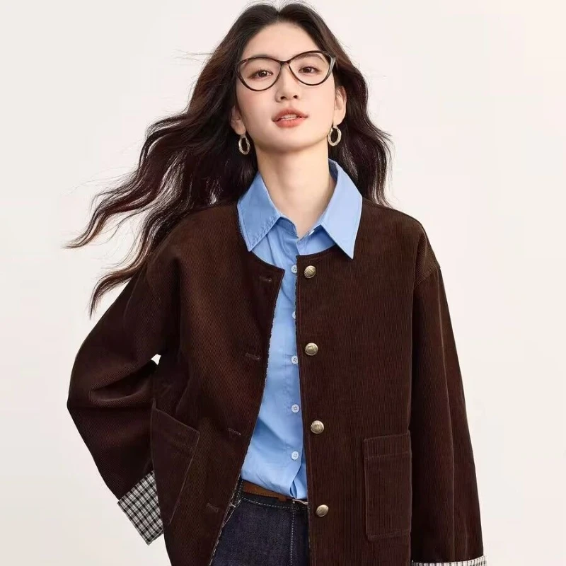 

Уютный винтажный вельветовый клетчатый пиджак в стиле ретро, женский короткий осенний утягивающий свободный пиджак с круглым вырезом