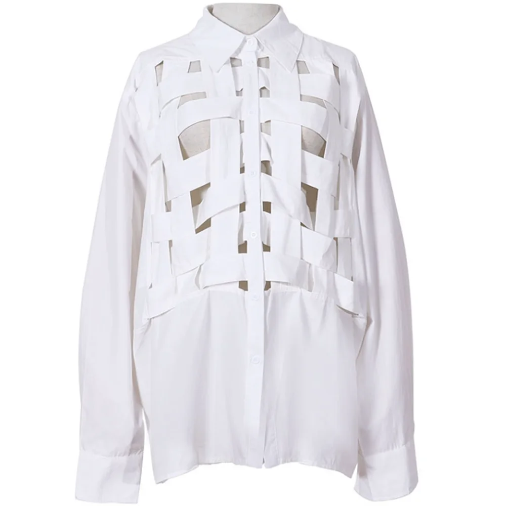 Weave hole long-sleeved shirt ladies new fashion design white cotton long blouse