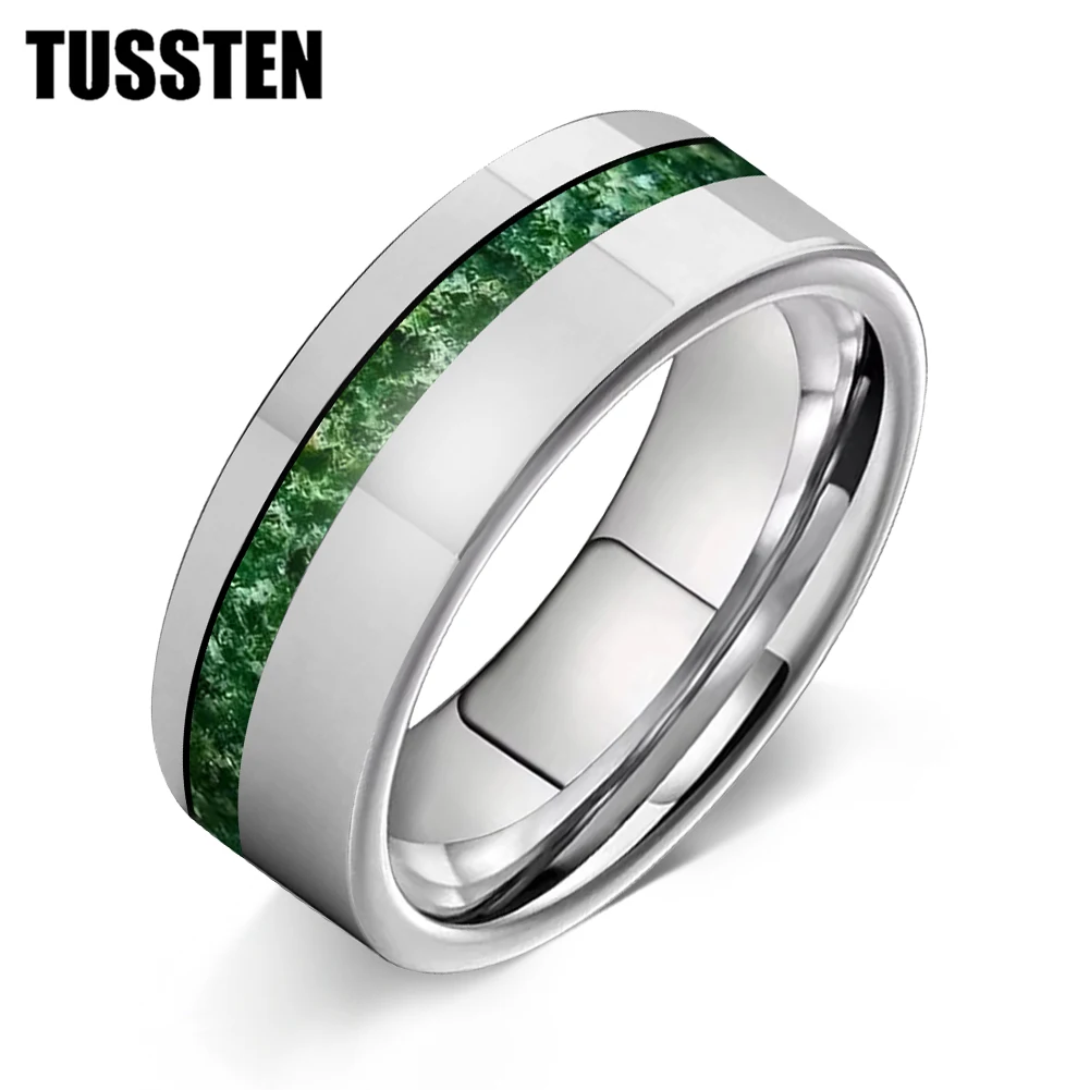 TUSSTEN 6/8mm Silver Tungsten Ring for Men Women Fashion Engagement Wedding Band  Offset groove inlaid with water Moss Agate