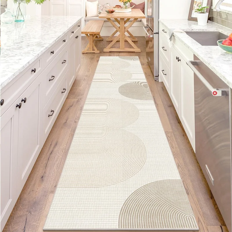 VIKAMA Neutral Beige Curved Line Runner Rug Anti Slip Washable Minimalist Geometric Long Kitchen Hallway Floor Home Decor