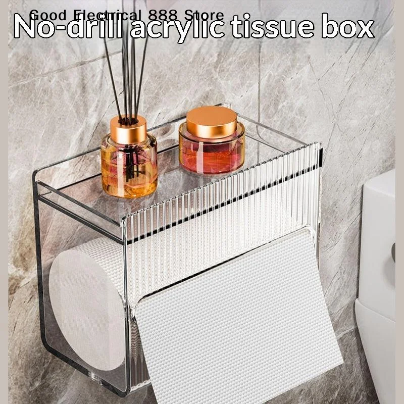 【G】Clear Acrylic Wall Mounted Toilet Paper Holder With Top Phone Storage Shelf For Home Bathroom Organization