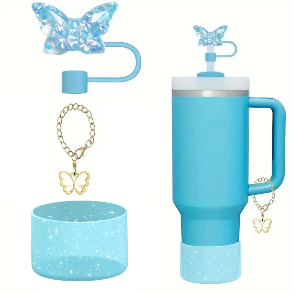 

3Pcs Straw Cap Covers Toppers Accessories for Stanley Cups Cute Butterfly Silicone Straw Tips Bottle Protective Boot Charm Chain