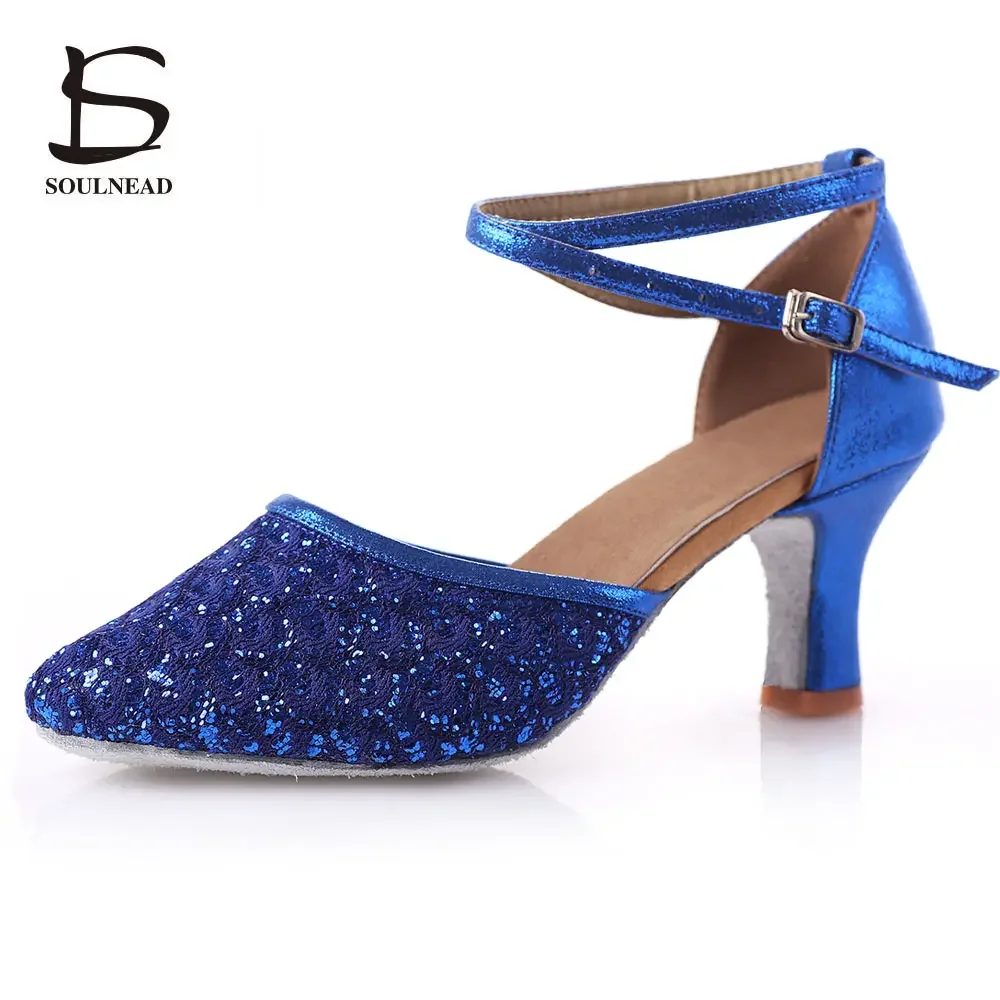 Saltos altos fechados Toe Glitter para mulheres, sapatos de dança de salão, senhoras adultas, latim, salsa, tango, azul, preto, 5 cm, 7cm, festa