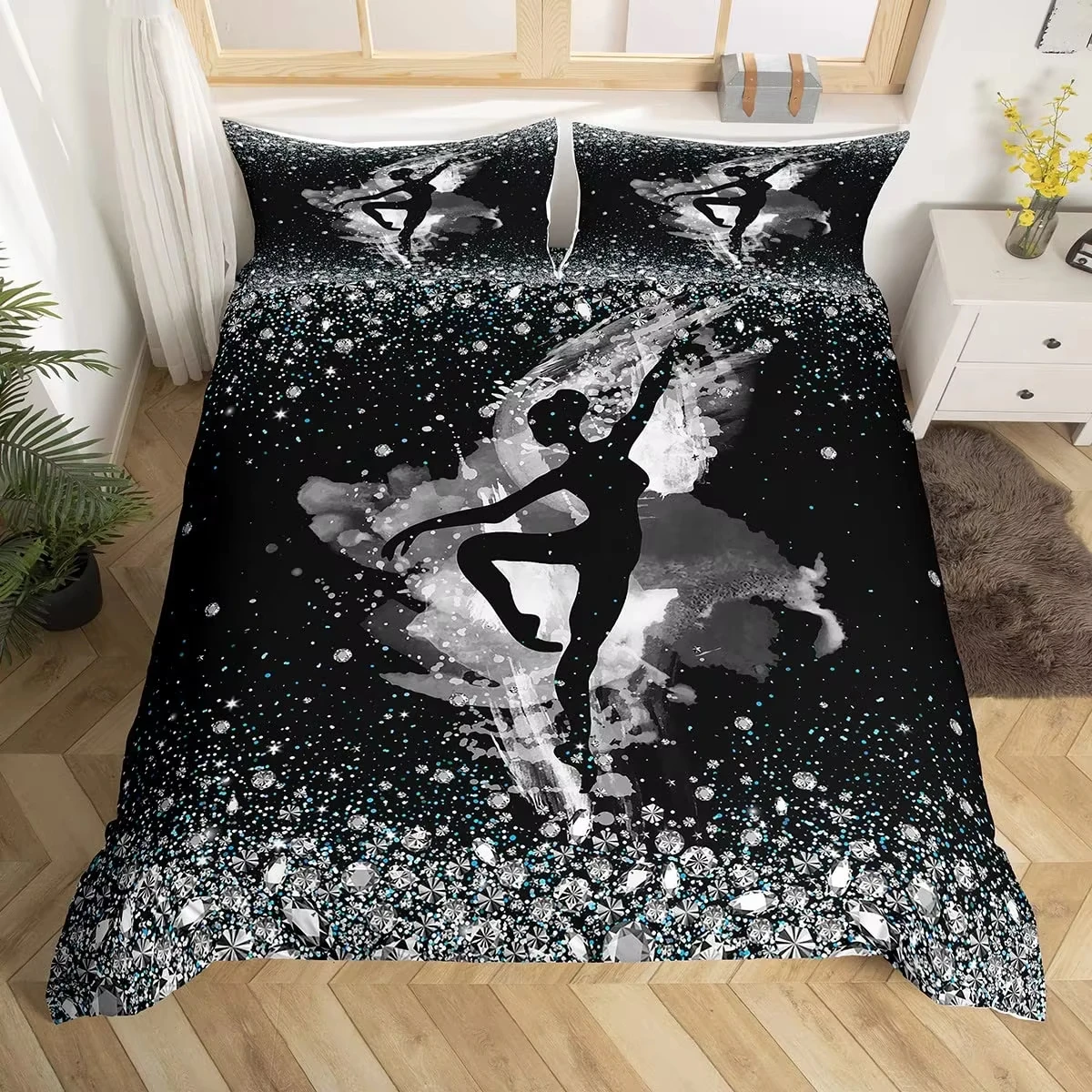 Girly Ballet Duvet Cover Queen,Ballerinas Bedding Set Girls Dancer Silhouette Comforter Cover,Watercolor Ombre Art Quilt Cover