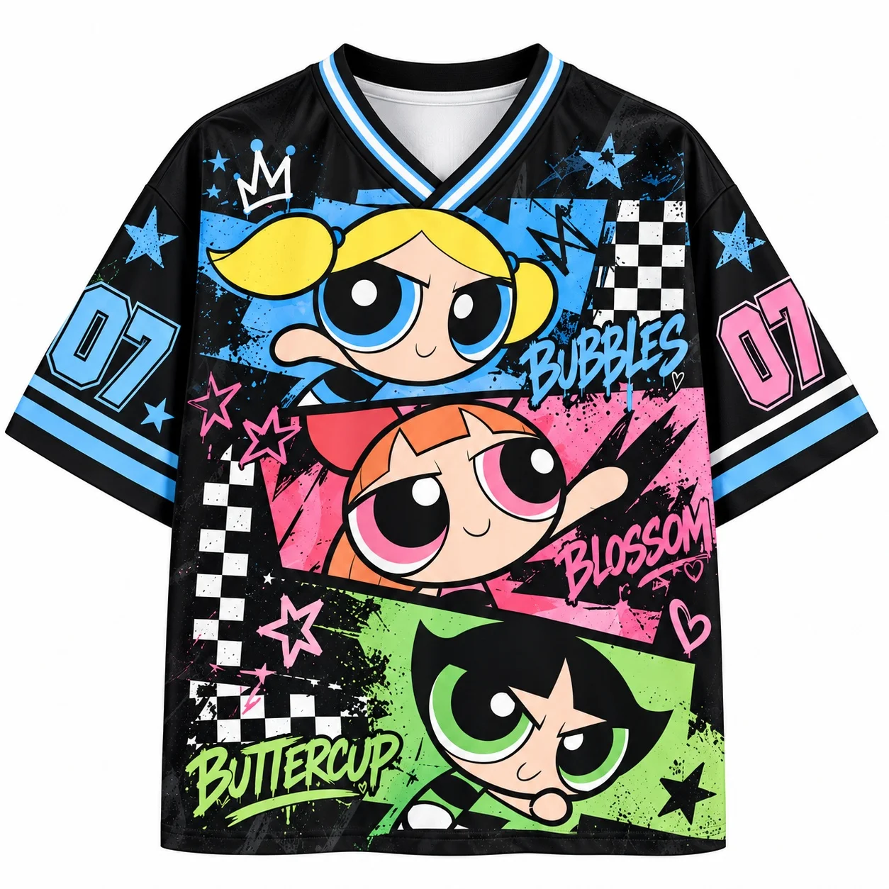 Powerpuff Girls Grafik-Trikot-Shirt für Erwachsene, Unisex, V-Ausschnitt, Cartoon-Streetwear, Y2K, Kawaii, lässiges Sport-Top – Detail 6