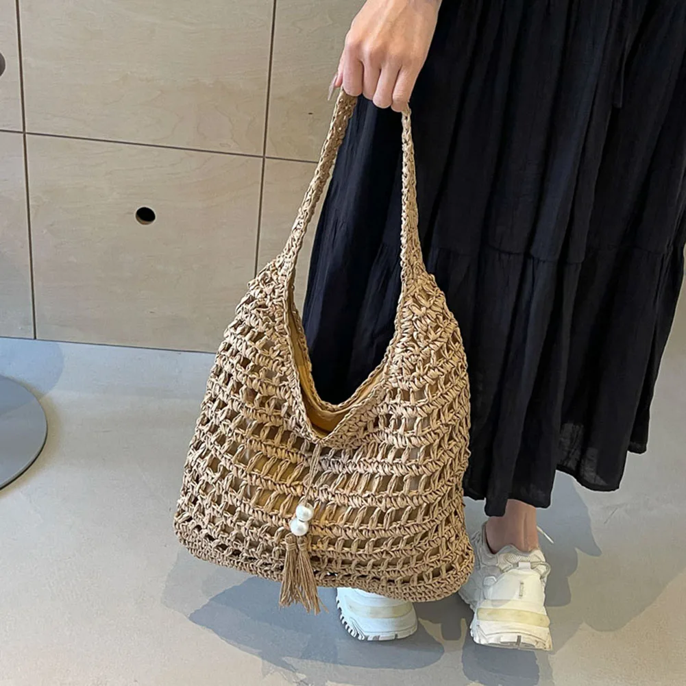 

Handwoven Casual Tote Bag Large Holiday Travel Handbag Hollow Vacation Bag with Tassels Top Handle Bag for Women and Girls