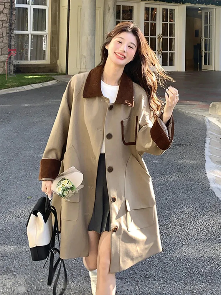 

LANMREM Korean Casual Trench Women's Lapel Single Breasted Pockets Design Contrast Color Coat 2024 Autumn New Clothing 2Z2465