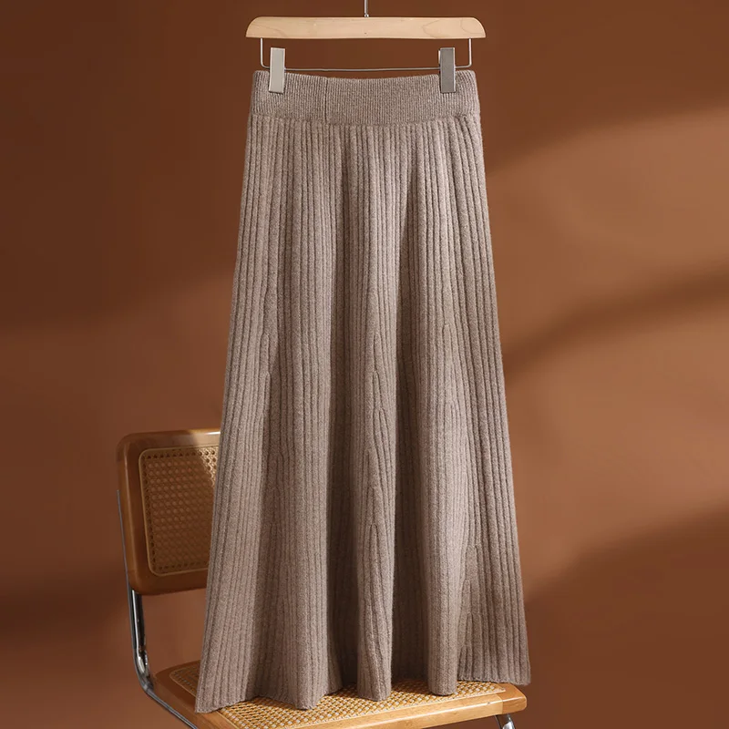 

MEELEX Women Autumn Winter Wool Long Skirt New Classy 100% Merino Wool Skirt Knitted Comfy Soft Mid-length Female Pleated Skirt