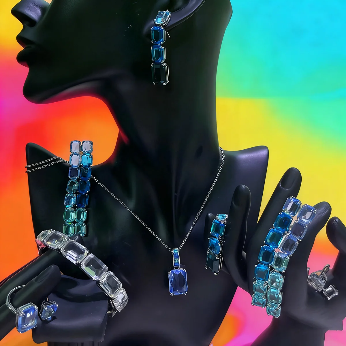 

Blue Luxury Brand Crystal Fine Charm Necklace Earring Ring White Bracelet Austrian Crystal High Quality Jewelry Gifts for Women