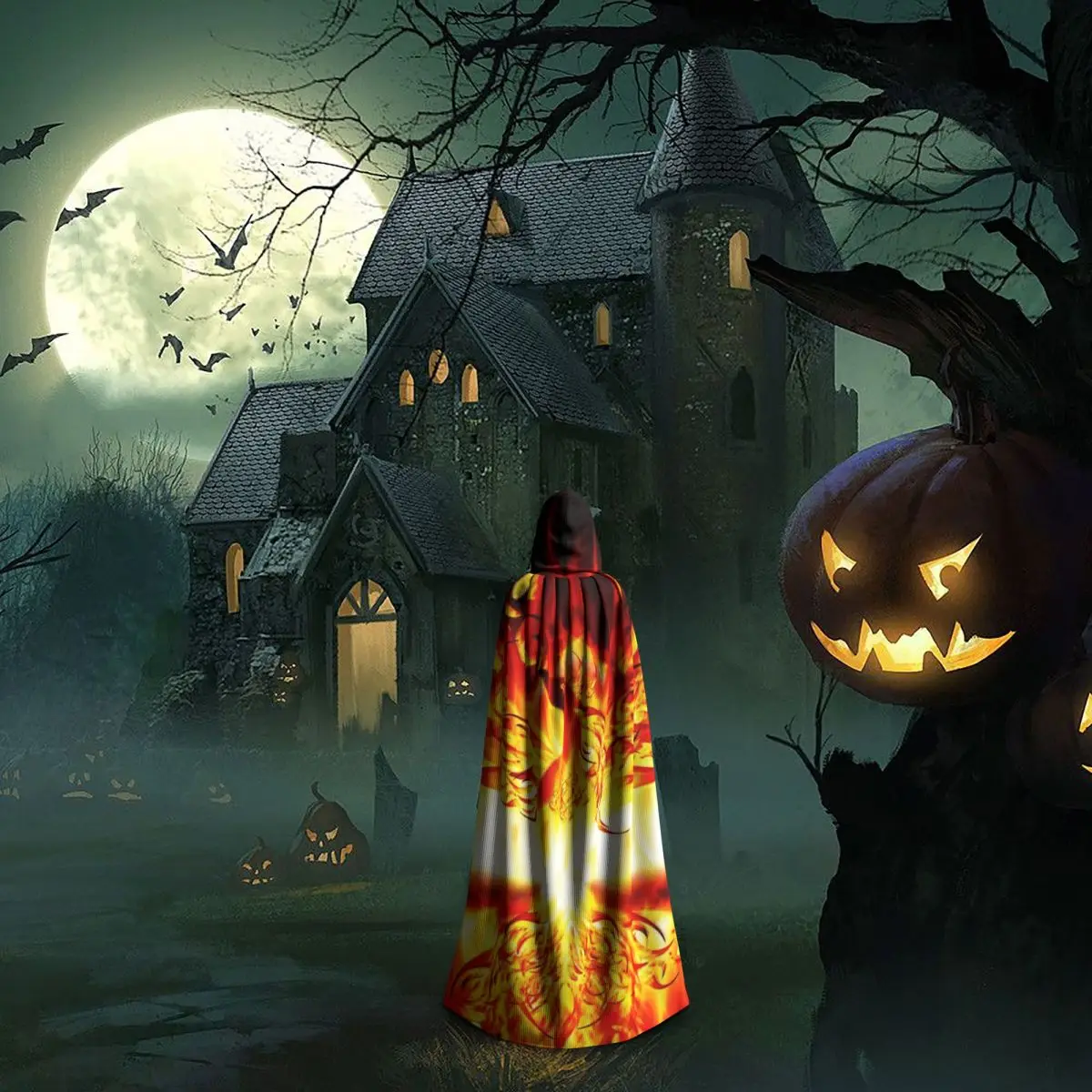 Capa longa com capuz Fire Phoenix, fantasia medieval de bruxa, capa cosplay, casaco de Halloween adulto unissex