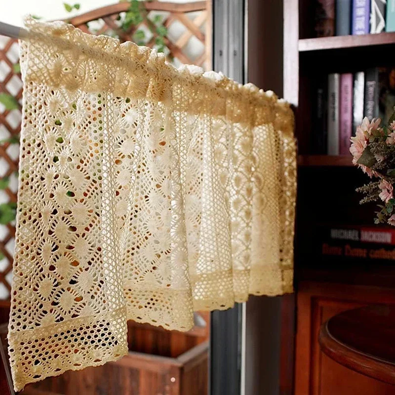 1PC Rustic Boho Curtain Kitchen Farmhouse Handmade Crochet Curtains for Living Room Bathroom Closet Rod Pocket Short Lace Drapes