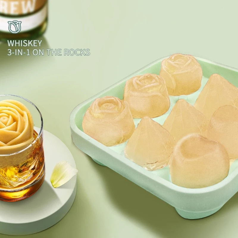 Easy Release Mold Rose Heart Diamond Tray Reusable Flexible Silicone Ice Maker for Cocktails Teas Coffee