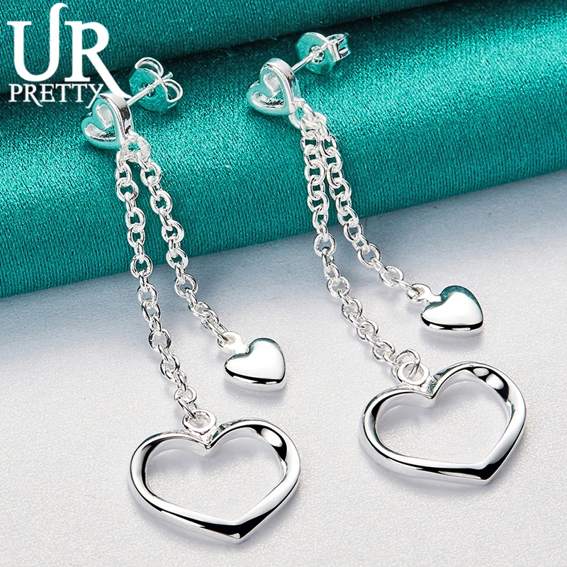 

URPRETTY 925 Sterling Silver Double Heart Drop Earring For Women Wedding Engagement Party Jewelry Christmas Gift