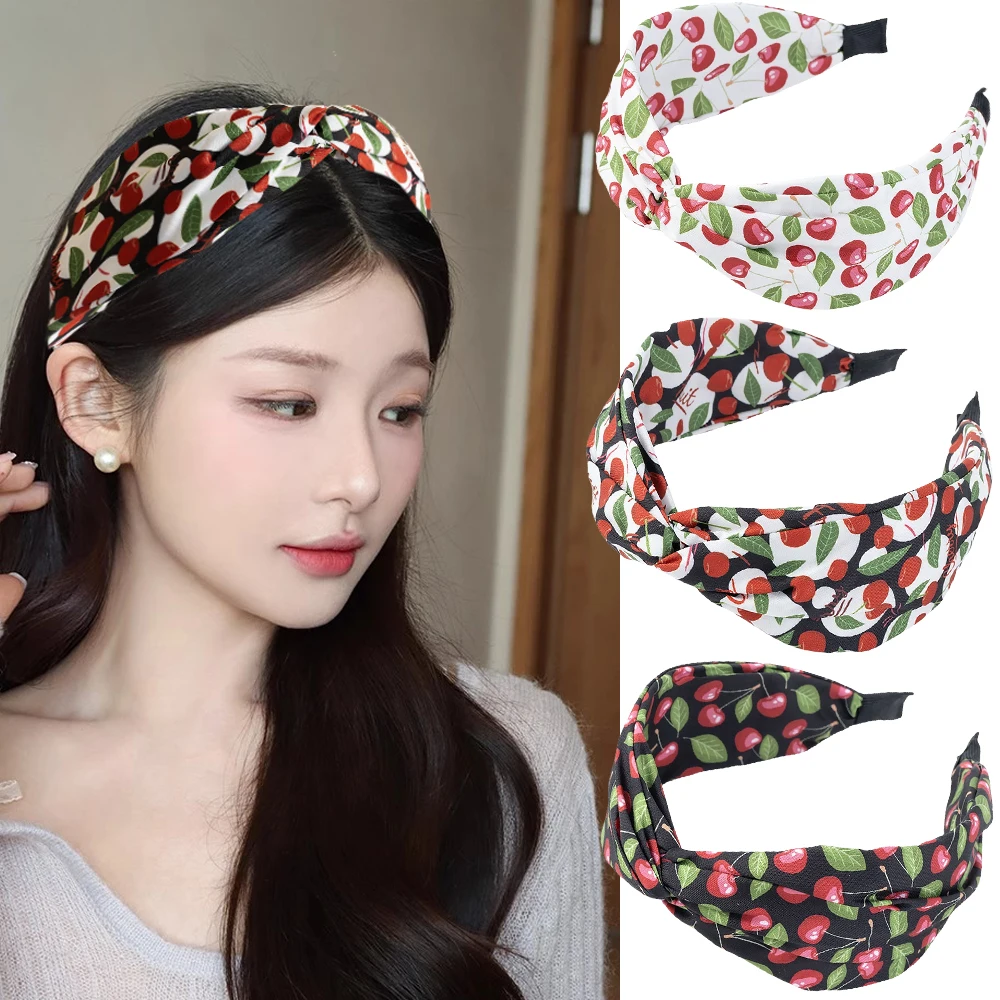 Kirsche Druck Stirnband Mode Breites Kreuz Haarband Frauen Elastische Schleife Haar Hoop Bands Lünette Top Knoten Make-Up Mädchen Haar Zubehör