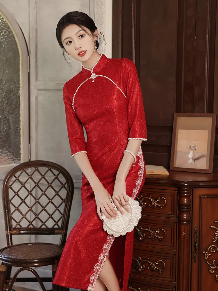 Cheongsam Chiffon para mulheres chinesas, manga de sete pontos, elegante gola mandarim, rendas frisadas, vestidos qipao casamento