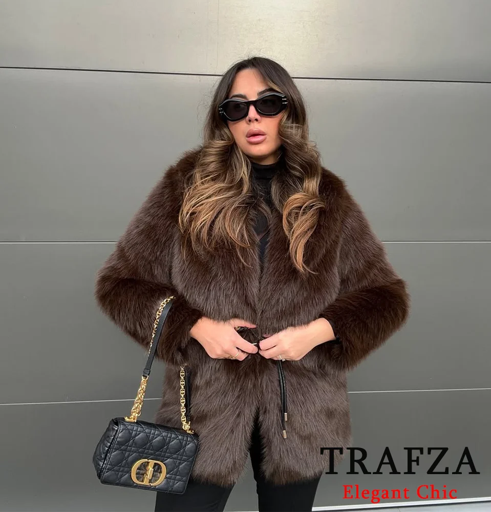 TRAFZA Women Vintage Fur-Effect Belted Coat Lapel Faux Fur Shaggy Coat New 2025 Fall Winter High Street Glamorous Jacket Coat