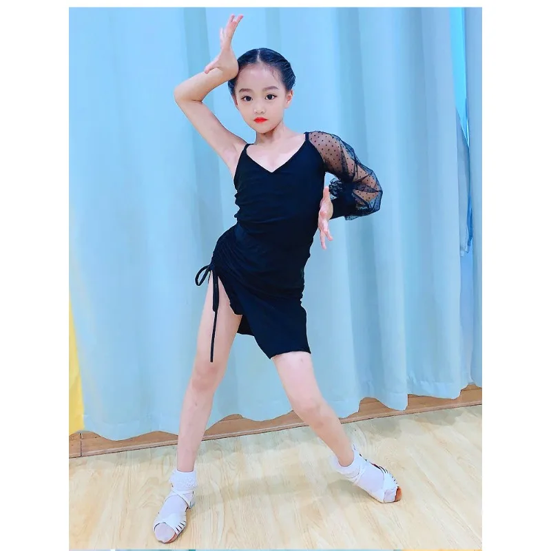 

Платье для латинских танцев по индивидуальному заказу, танцевальный костюм для девочек, ча-ча, самба, танго, румба, черная сетка, униформа для выступлений с одним рукавом