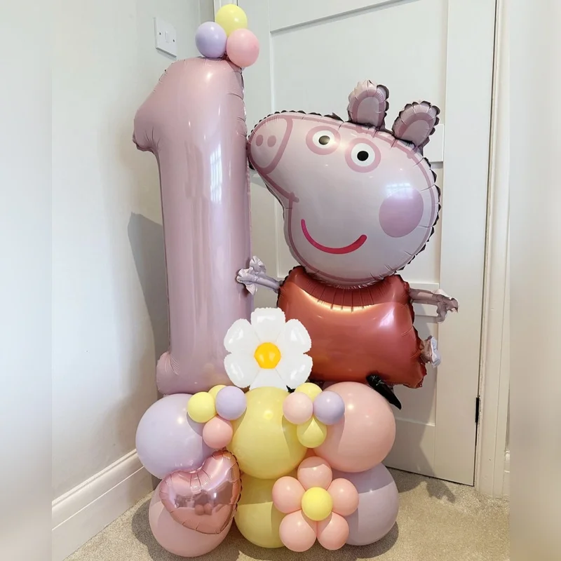 39pcs piggy Daisy Balloon Column Set 40inch Pink Number 1-9th Foil Balloons Macaroon Latex Globos for Girl Birthday Party