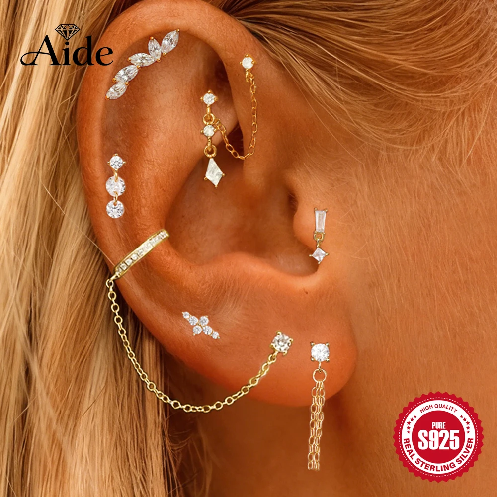 

Aide 1pc 925 Sterling Silver Shimmering Clear CZ Zircon Ear Cuff With Chain Tassel Stud For Women Gift Cartilage Clip Earrings