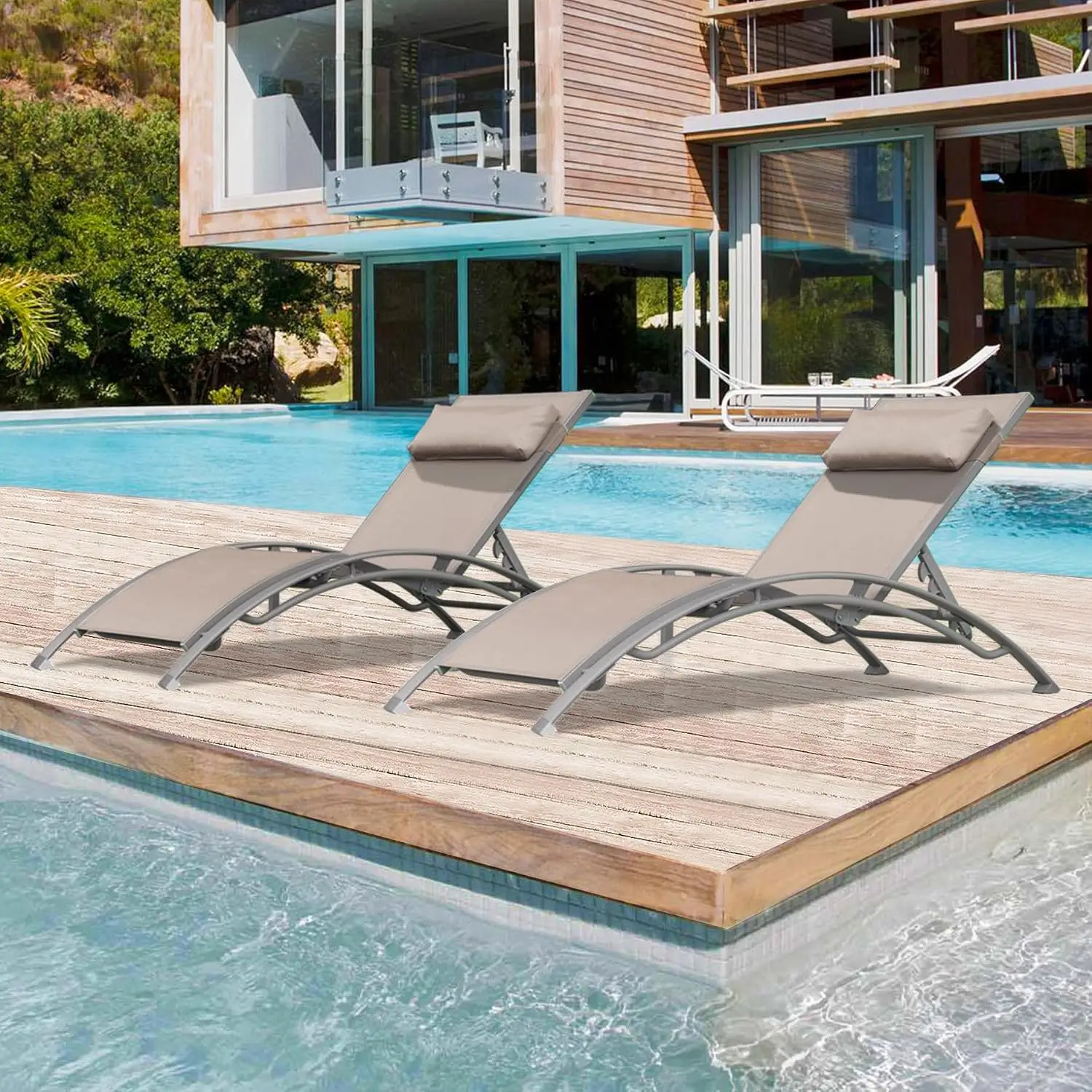 Outdoor Chaise Lounge Set 2 Recliner with Adjustable Backrest & Removable Pillow for Beach Pool Sunbathing Khaki, Customized
