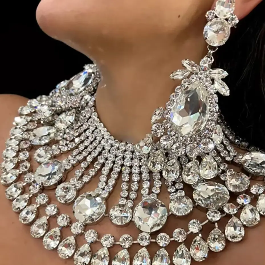 1 Set Extravagante Luxus-Strass-Halskette für Damen, Schmuck für Abschlussball, Hochzeit, Braut, geometrischer Kristallkragen, Accessoires – Detail 3