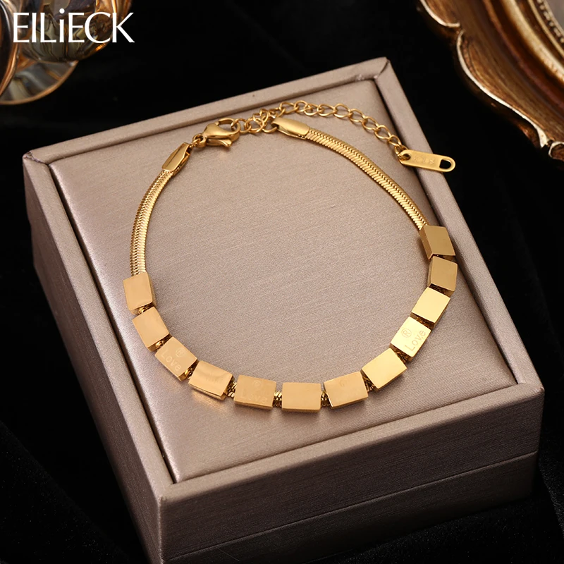 EILIECK 316L Stainless Steel Geometric Square Love Chain Bracelet For Women Girl New Waterproof Bangles Jewelry Gift Accessories